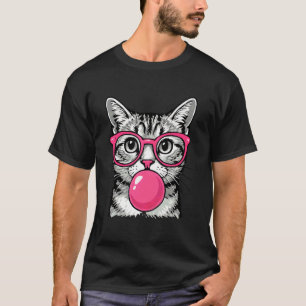 Cute Cat with Glasses Blowing Pink Bubble Gum T-Shirt