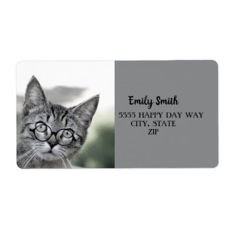 Cute Cat with Glasses Grey Address Label