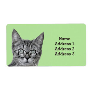 Cute Cat with Glasses on Light Green Address Label