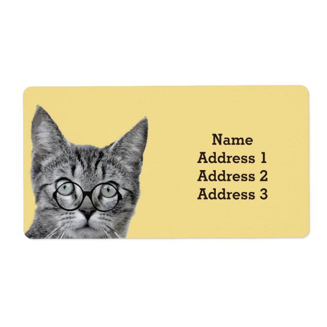 Cute Cat with Glasses on Yellow Address Label (Front)