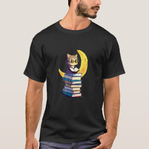 Cute Cat With Glasses Reading Books By Moonlight T-Shirt