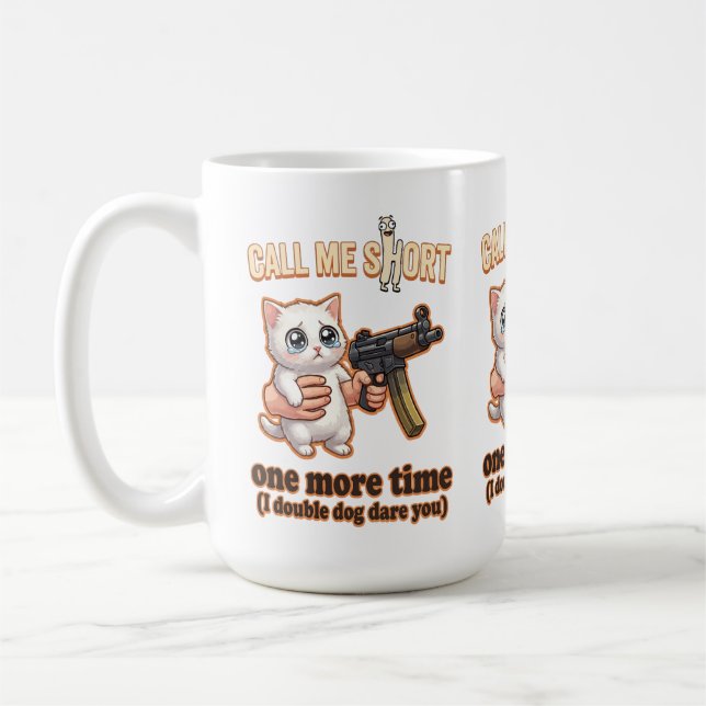 Cute Cat With Gun Funny Short Meme Coffee Mug (Left)