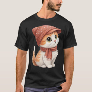 Cute Cat With Hat, Scarf, Pastel Colour T-Shirt