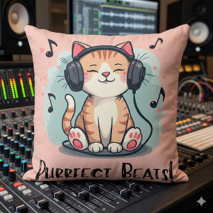 Cute Cat with Headphones Kawaii Music Lover Art Cushion