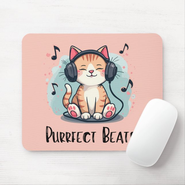 Cute Cat with Headphones Kawaii Music Lover Art Mouse Pad (With Mouse)
