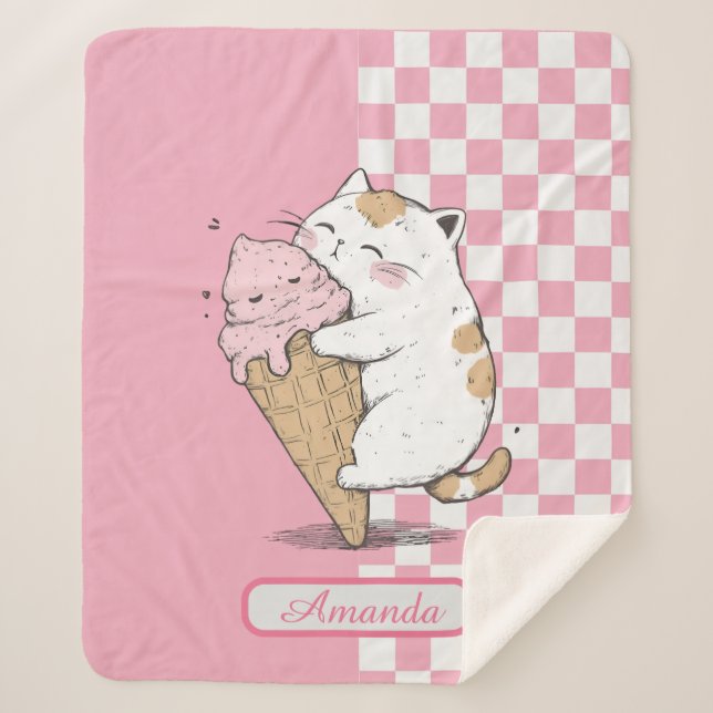 Cute Cat with Ice Cream Cone Sherpa Blanket (Front)