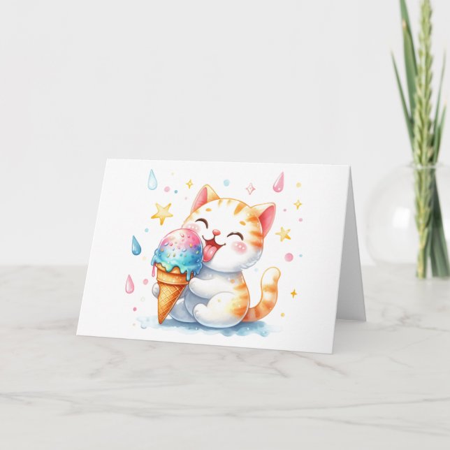 Cute Cat with Ice Cream Whimsical Watercolor Blank Card (Front)