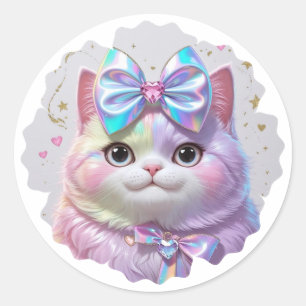 Cute Cat with iridescent bow Classic Round Sticker