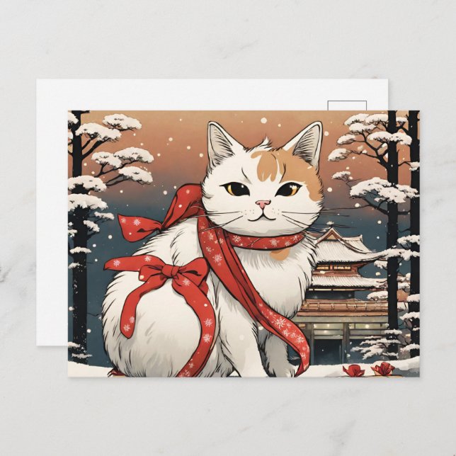 cute cat with japanese temple for cat lovers postcard (Front/Back)