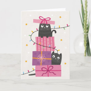 Cute cat with lights and Christmas gifts Holiday Card