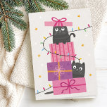 Cute cat with lights and Christmas gifts Holiday Card<br><div class="desc">Christmas greeting card featuring a cute cat illustration with two cute cats investigating Christmas gifts surrounded by Christmas lights. Text inside “Wishing you a meowy Christmas” in a modern script font.</div>