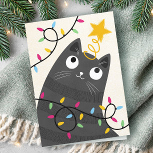 Cute cat with lights and tree-topper Christmas Holiday Card