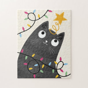 Cute cat with lights and tree-topper Christmas Jigsaw Puzzle