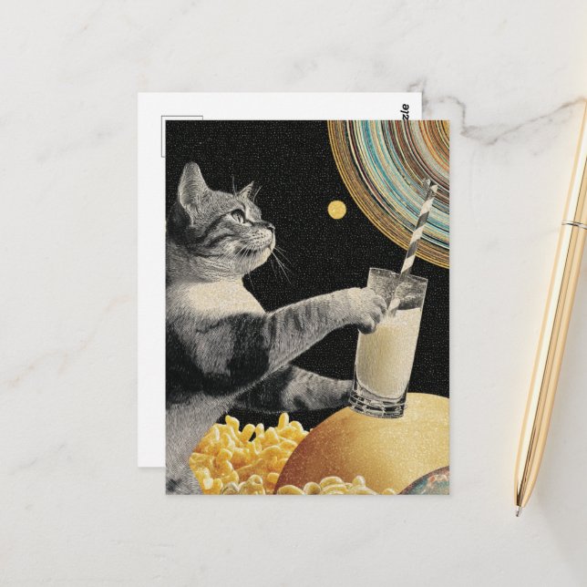 Cute Cat With Milk in Space Postcard (Front/Back In Situ)