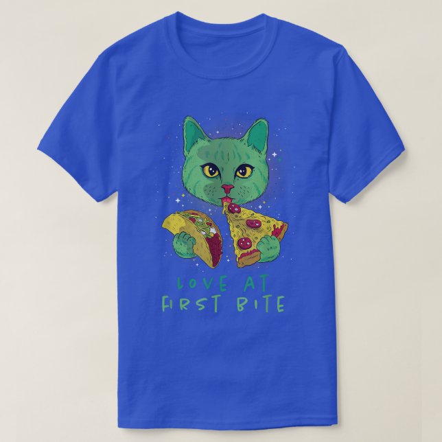 Cute Cat With Pizza Love At First Bite T-Shirt (Design Front)