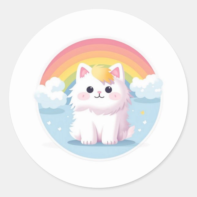 Cute cat with rainbows and clouds classic round sticker (Front)