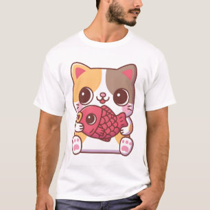 Cute Cat With Red Carp Fish T-Shirt