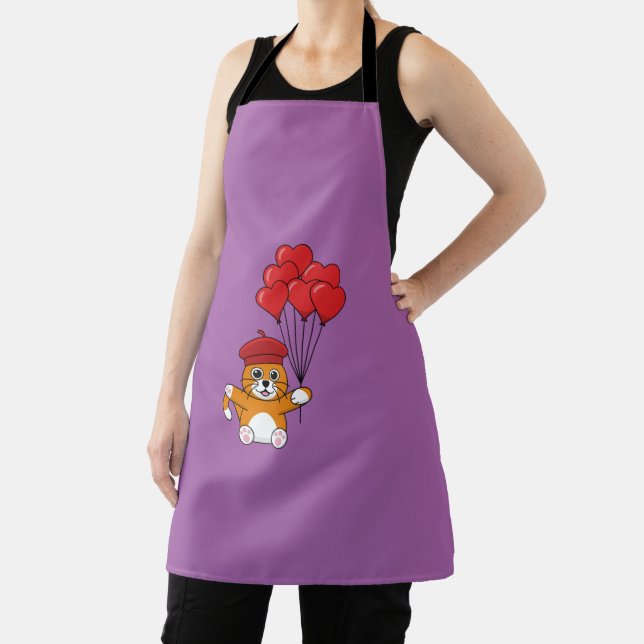 Cute Cat with Red Heart Balloons Apron (Insitu)