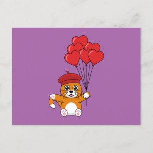 Cute Cat with Red Heart Balloons Holiday Postcard