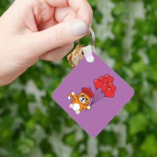 Cute Cat with Red Heart Balloons Key Ring