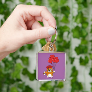 Cute Cat with Red Heart Balloons Key Ring
