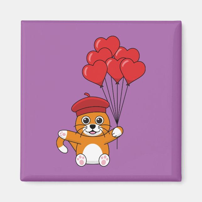 Cute Cat with Red Heart Balloons Magnet (Front)
