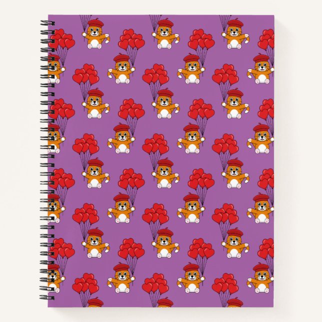 Cute Cat with Red Heart Balloons Notebook (Front)