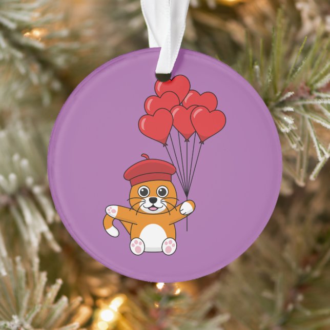 Cute Cat with Red Heart Balloons Ornament (Tree)