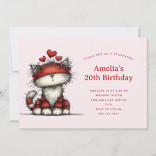 Cute Cat with Red Love Hearts Birthday Invitation