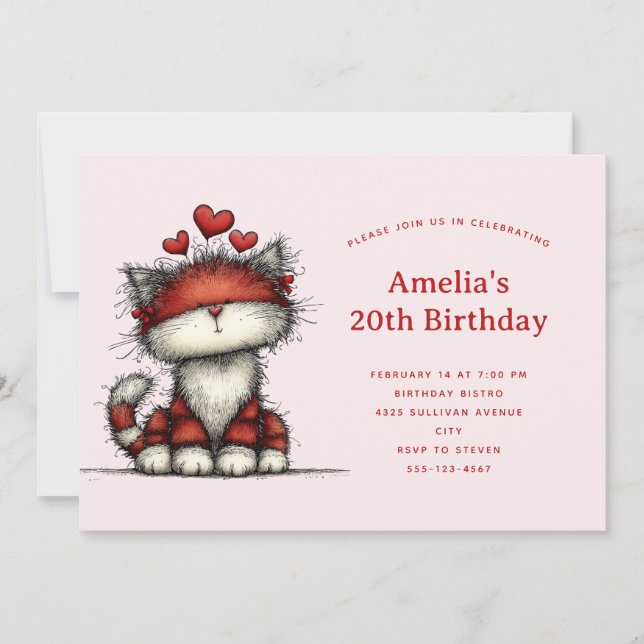Cute Cat with Red Love Hearts Birthday Invitation (Front)