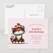 Cute Cat with Red Love Hearts Birthday