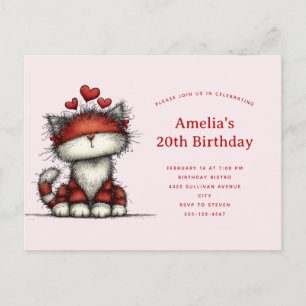 Cute Cat with Red Love Hearts Birthday Invitation Postcard