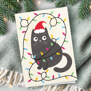 Cute cat with Santa hat and lights Christmas Holiday Card