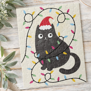 Cute cat with Santa hat and lights Christmas Jigsaw Puzzle