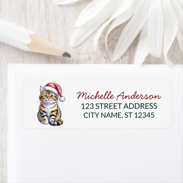 Cute Cat with Santa Hat Christmas Return Address (Insitu)