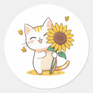 Cute Cat with Sunflower Kawaii Design Classic Round Sticker