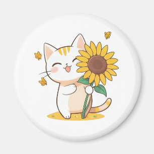 Cute Cat with Sunflower Kawaii Design Magnet