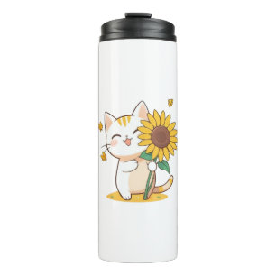 Cute Cat with Sunflower Kawaii Design Thermal Tumbler