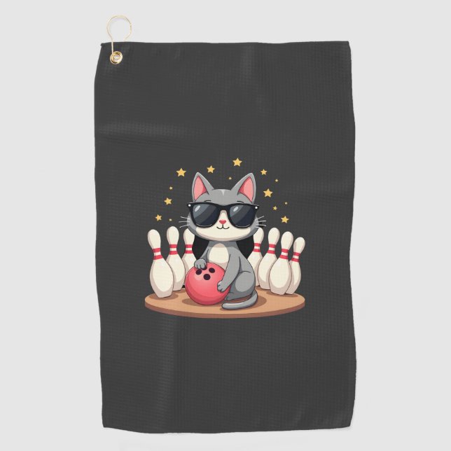Cute Cat With Sunglasses Cat Playing Bowling For m Golf Towel (Front)
