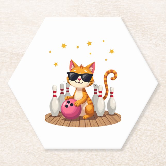 Cute Cat With Sunglasses Cat Playing Bowling For m Paper Coaster (Front)