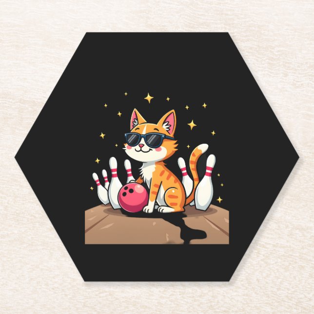 Cute Cat With Sunglasses Cat Playing Bowling For m Paper Coaster (Front)