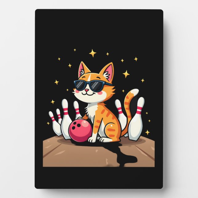 Cute Cat With Sunglasses Cat Playing Bowling For m Plaque (Front)