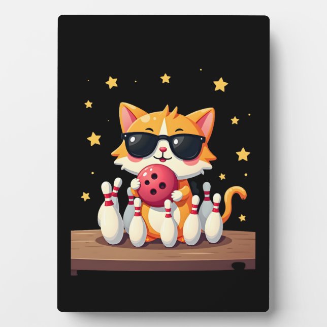 Cute Cat With Sunglasses Cat Playing Bowling For m Plaque (Front)