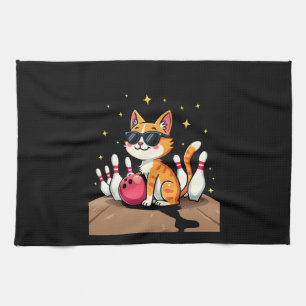 Cute Cat With Sunglasses Cat Playing Bowling For m Tea Towel