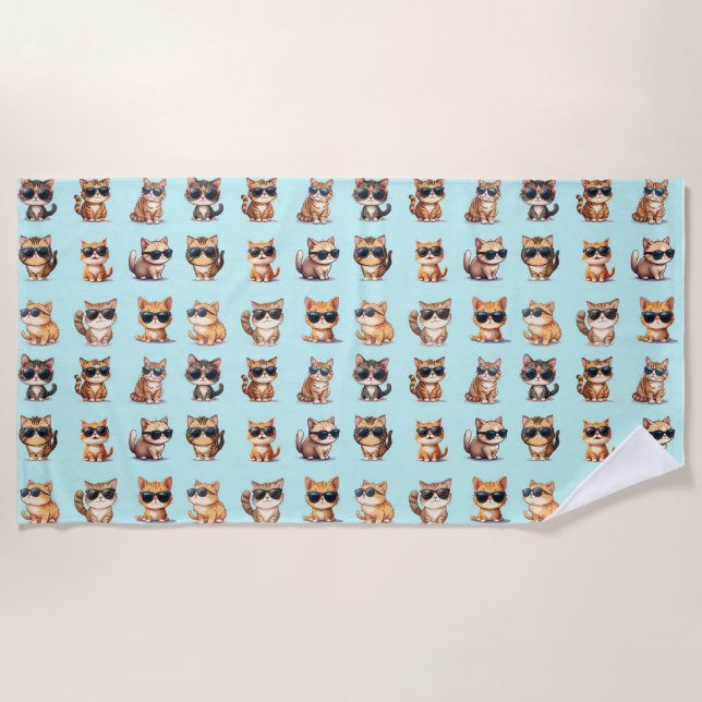Cute Cat With Sunglasses  On Light Blue Background Beach Towel (Front)