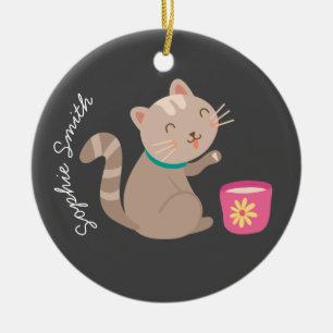 Cute cat with teacup cartoon ceramic tree decoration