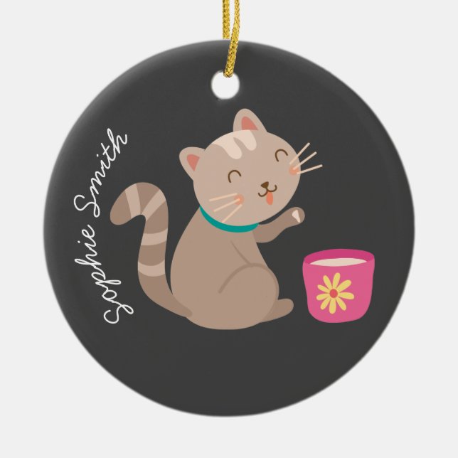 Cute cat with teacup cartoon ceramic tree decoration (Front)