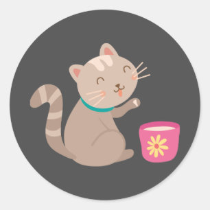 Cute cat with teacup cartoon classic round sticker