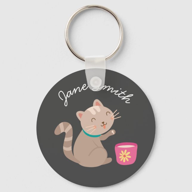 Cute cat with teacup cartoon key ring (Front)