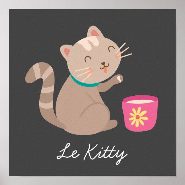 Cute cat with teacup cartoon Le Kitty Poster (Front)